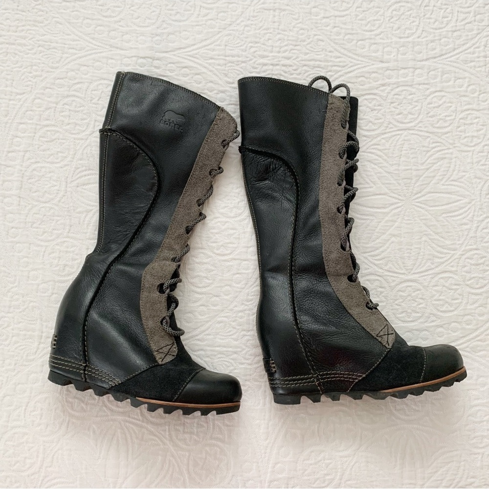 RARE🔥 Sorel Cate the Great‎ Wedge Lace-Up Leather Boots, Black - Picture 3 of 12